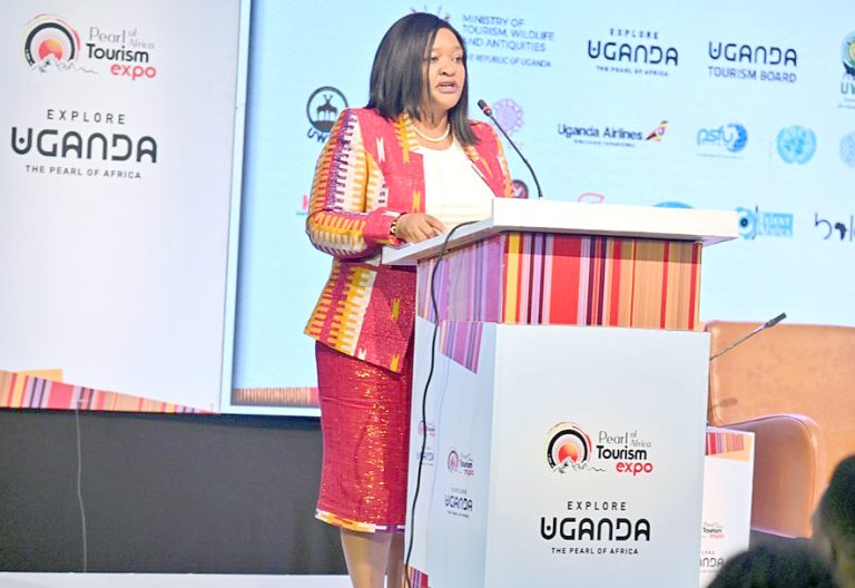 Tourism and Wildlife Cabinet Secretary Rebecca Miano speaks during the opening of the 11th Pearl of Africa Tourism Expo in Kampala, Uganda. PHOTO/Harriet James
