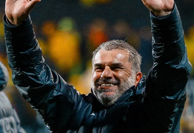 Tottenham Hotspur\'s Greek-Australian head manager Ange Postecoglou celebrates at the end of the UEFA Europa League semi-final second leg football match between Bodoe/Glimt. PHOTO/https://www.facebook.com/TottenhamHotspur/photos
