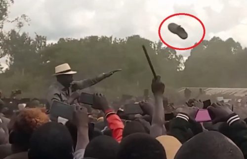 A shoe flying towards President William Ruto as he addresses a rally in Kuria West, Migori county on Sunday May 4, 2025. PHOTO/Screengrab by PD Digital/YouTube