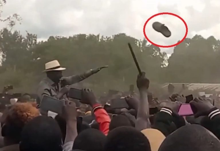A shoe flying towards President William Ruto as he addresses a rally in Kuria West, Migori county on Sunday May 4, 2025. PHOTO/Screengrab by PD Digital/YouTube