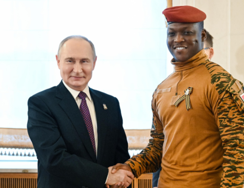 Presidents Ibrahim Traore and Vladimir Putin on Friday, May 9, 2025, during the grand parade and wreath laying ceremony marking the 80th anniversary of Russia's victory over Nazism. PHOTO/@CapitaineIb226/X