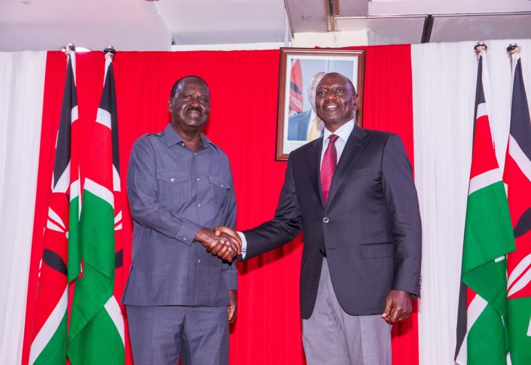 President William Ruto and former Prime Minister leader Raila Odinga shaking hands. PHOTO/@RailaOdinga/X