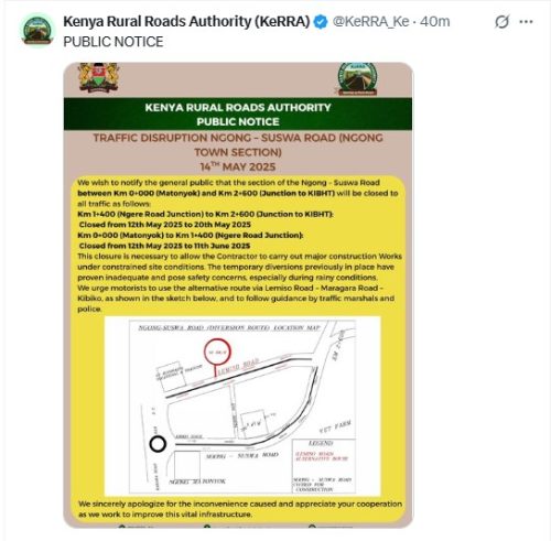 KeRRA's announcement about traffic disruption along sections of the Ngong-Suswa road