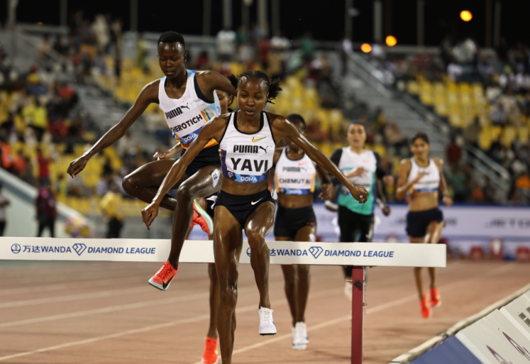 Winfred Yavi and Faith Cherotich challenging themselves in the women\'s 3000m steeplechase at the Doha Diamond League series. PHOTO/@Diamond_League/X