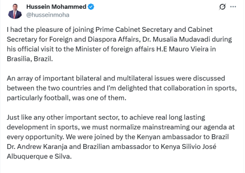 FKF President Hussein Mohammed's statement on Brazil collaboration. PHOTO/A screengrab by People Daily Digital from an X post by @husseinmoha