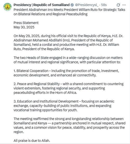 Part of the statement shared by the Spokesman for the President of the Republic of Somaliland, Hussein Aden Igeh (Deyr), on Friday, May 30, 2025. PHOTO/@Presidencysl_/X