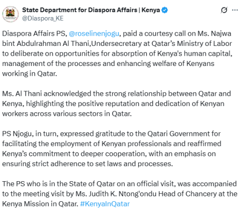 Statement from Diaspora Affairs about
Principal Secretary Roseline Njogu's official meeting in Qatar on Thursday, May 1,2025. PHOTO/@Diaspora_KE/X