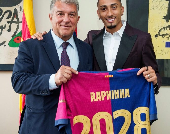 Barcelona president Joan Laporta and Brazilian forward Raphinha. PHOTO/@FCBarcelona/X