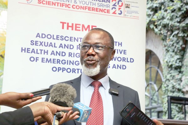 The Vice Chancellor, Amref International University Prof Joachim Osur briefs the media during the RHNK workshop. PHOTO/Bernard Malonza