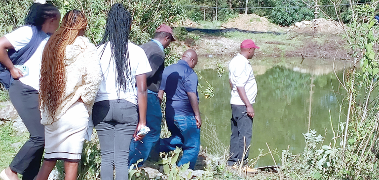 People mill at a scene where a vehicle plunged into a man-made dam at the Nyahururu Golf Club killing hotelier, Milicent Thuita who operated Emms hotel in Nyahururu town. PHOTO/ David Macharia