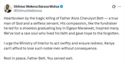 MP Didmus Barasa's statement condemning the brutal muder of Father Bett. PHOTO/PHOTO/@DidmusWaBarasa/X
