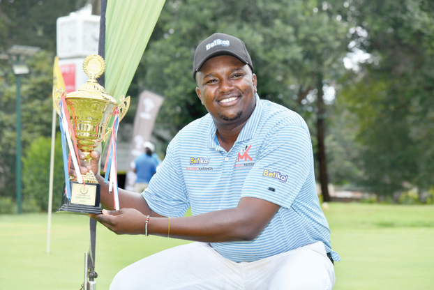Michael Karanga, winner of the 2025 NCBA Kiambu Open. INSET: Vipingo Ridge’s Naomi Wafula plays out a bunker shot during the 2025 NCBA Kiambu Open. PHOTO/Print