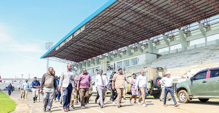 Sports Cabinet Secretary Salim Mvurya (third from left) accompanied by Homa Bay leaders during the inspection of the Raila Odinga Stadium. PHOTO/Print