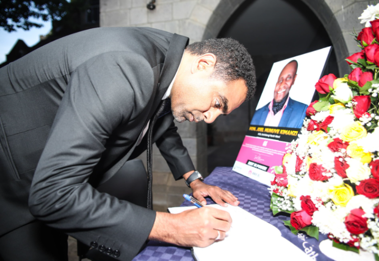 Football Kenya Federation president Hussein Mohammed signs a condolence book at the home of the late Kariobangi North MCA Joel Munuve on Friday, May 2, 2025. PHOTO/@Husseinmoha/X
