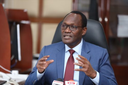Treasury PS Dr Chris Kiptoo addressing the media at his office on July 15, 2023, as he shed light on the 2023/24 national budget.