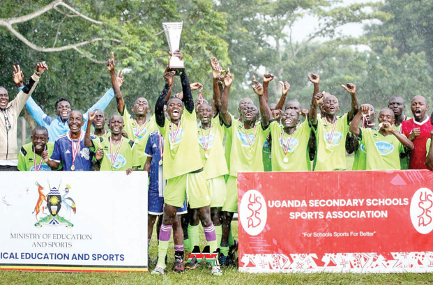 East Africa (EA) secondary schools’ games boys’ hockey champions and golf medalists Musingu High School display the winner’s trophy in 2024. PHOTO/Print