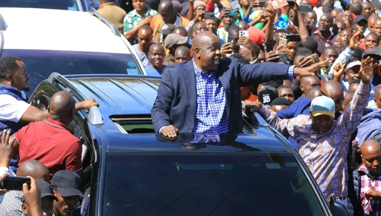 Former Interior Cabinet Secretary Fred Matiang\'i gestures during his tour of Gusii region on Friday, May 2, 2025. PHOTO/@RichardOnyonka_/X