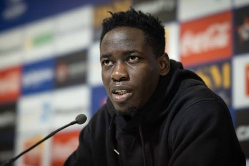 Harambee Stars and Stade de Reims defender Joseph Okumu in a press conference.