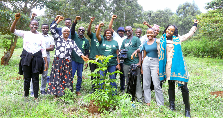 Mediamax team, members of the Greenbelt Movement and the Kibiko conservation group during yesterday’s aftercare of trees that they planted on November 29, 2024. They were impressed by the 65 per cent survival rate. PHOTO/Philip Kamakya