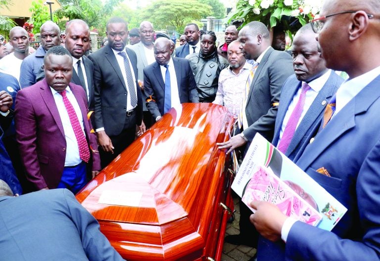 MPs carry the casket of Kasipul MP Charles Ongondo Were at Consolata Shrine after a requiem mass on May 7, 2025. Hundreds of mourners led by National Assembly Speaker Moses Wtang’ula attended the event. PHOTO/Kenna Claude
