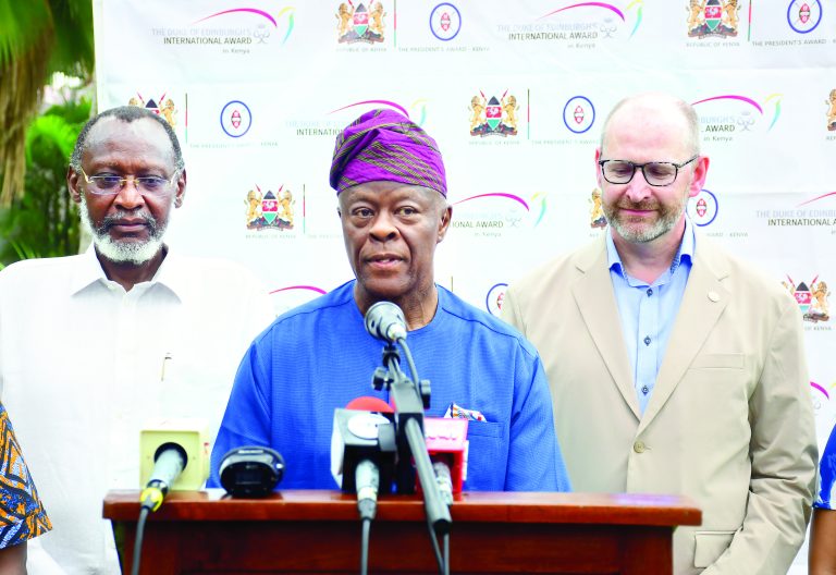Muhoho Kenyatta, Trustee of the Duke of Edinburgh Award Foundation, Wale Edun, chairperson of the Award’s Association and Martin Houghton-Brown, secretary general. PHOTO/Reuben Mwambingu
