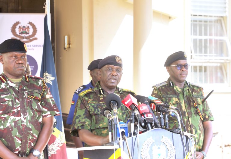 Inspector General of Police, Douglas Kanja (centre) with Deputy Inspector General, Administration Police, Gilbert Masengeli (left) and Deputy Inspector General, Kenya Police Service, Eliud Lagat during a press briefing on the circumstances surrounding the abduction of Juja MP George Koimburi on May 27, 2025. PHOTO/Bernard Malonza   