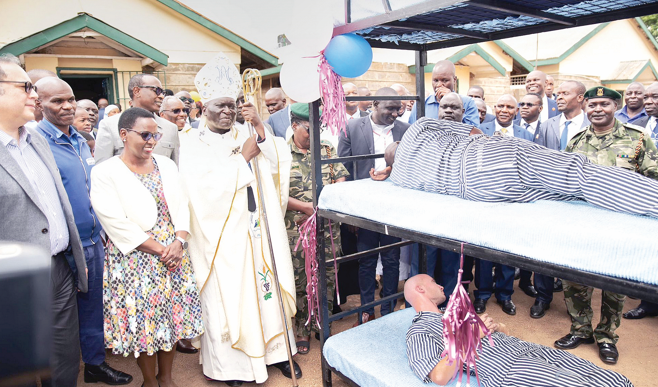 Correctional Services PS Salome Beacco and the Archbishop of Nairobi Philip Anyolo at the Nairobi West Prison during the beds initiative launch, yesterday. PHOTO/ |Correction Services