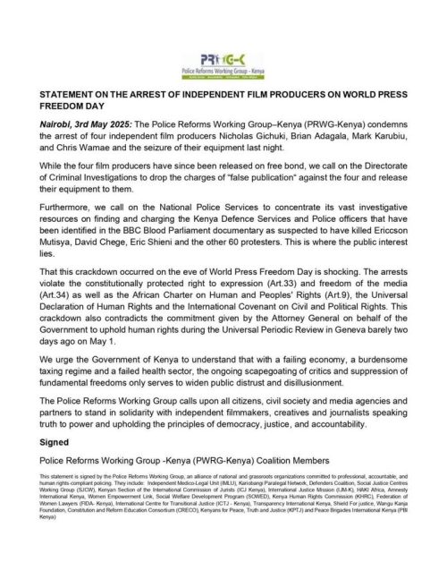 Statement by the Police Reforms Working Group on May 3, 2025. PHOTO/@AmnestyKenya/X