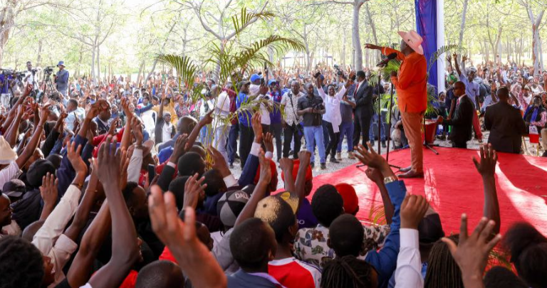 Democracy for Citizens Party leader Rigathi Gachagua addresses residents at Kalonzo Musyoka\'s Tseikuru home on Thursday, May 29, 2025. PHOTO/https://web.facebook.com/DPGachagua