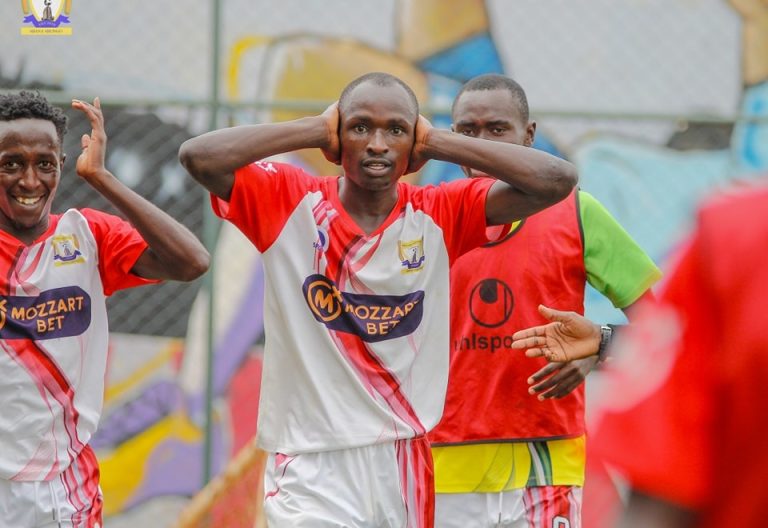 Homeboyz ace Moses Shumah celebrates after scoring his 17th goal of the season. PHOTO/https://www.facebook.com/FCKKHomeboyz/photos.