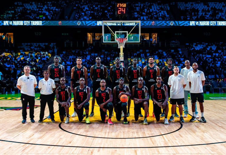 Nairobi City Thunder team and coaching staff pose for a photo before kick-off against APR in their BAL debut match. PHOTO/@roadtoBAL/x