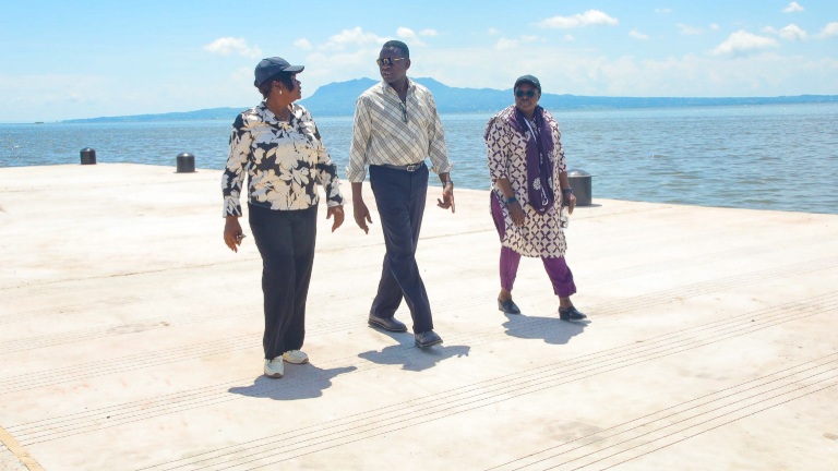 (From left) Homa Bay Governor Gladys Wanga, Roads & Transport CS Davis Chirchir and Rangwe MP Lilian Gogo stroll on the Homa Bay pier on Thursday, May 22, 2025. PHOTO/https://web.facebook.com/GladysWanga043
