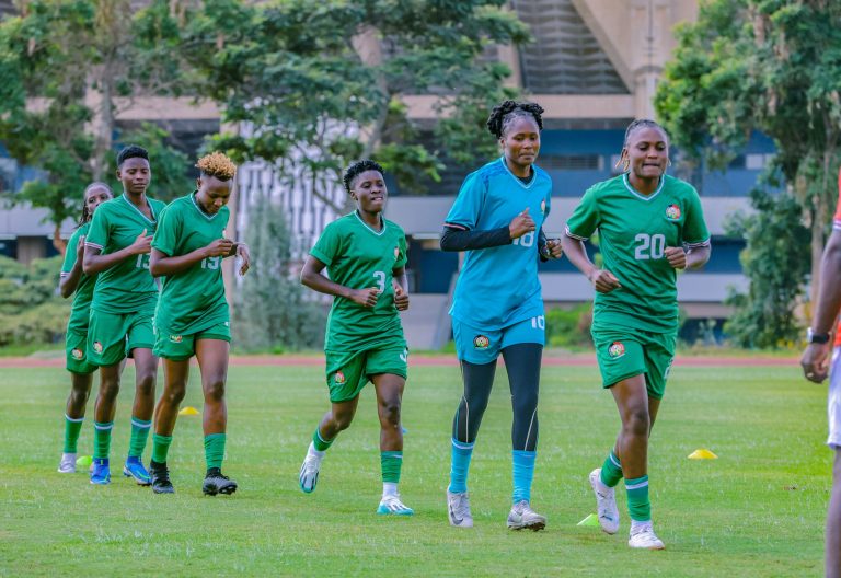 Annedy Kundu (second right) and Ruth Ingosti (right) during Harambee Starlets training on Wednesday, June 11, 2025. PHOTO/https://www.facebook.com/HarambeeStarlets/photos_by
