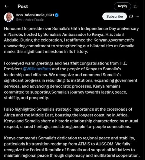 Part of the statement shared by CS Aden Duale on Saturday, June 28, 2025. PHOTO/screengrab by PD Digital/@HonAdenDuale/X