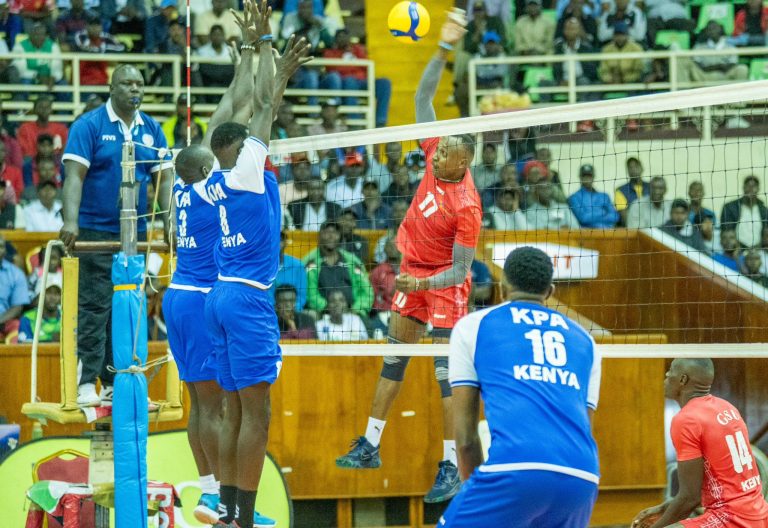 Part of the final action between GSU and KPA in the KVF Men\'s Volleyball Finals. PHOTO/https://www.facebook.com/WafalmeKenya254/photos.