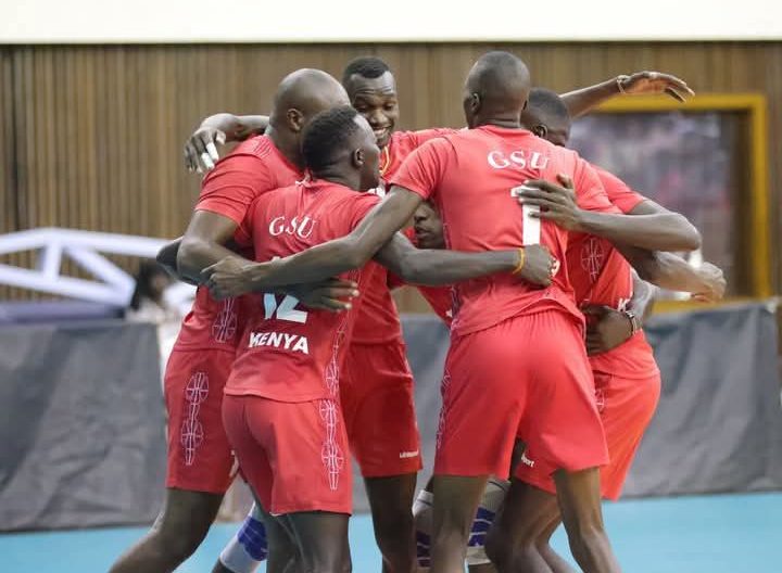 GSU in action against KPA during Game 1 of the 2024/2025 KVF National League men\'s finals at Kasarani Indoor Arena.
PHOTO/@KenyaVolley/X