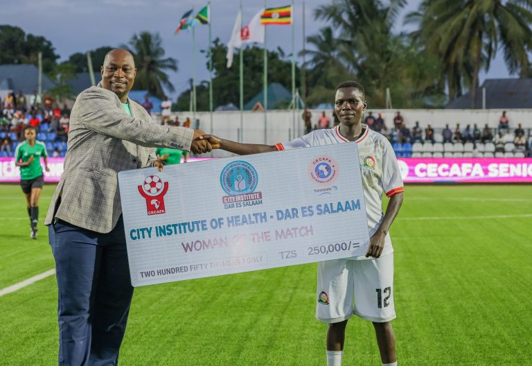 Martha Amunyolet receives the Woman of the Match award after a stellar performance for Harambee Starlets in Tanzania.
PHOTO/@StarletsKE/X