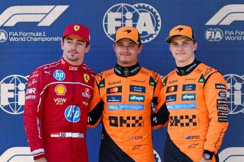 From left: Charles Leclerc, Lando Norris, and Oscar Piastri on the podium. PHOTO/@F1/X