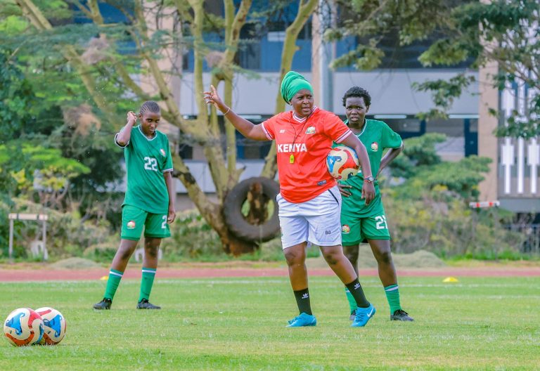 Harambee Starlets coach Beldine Odemba puts across a point during Starlets training session. PHOTO/https://www.facebook.com/HarambeeStarlets/photos_by
