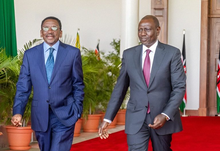Siaya governor James Orengo and President William Ruto walking together during a meeting at State House, Nairobi on Thursday, May 5, 2025. PHOTO/@orengo_james/X