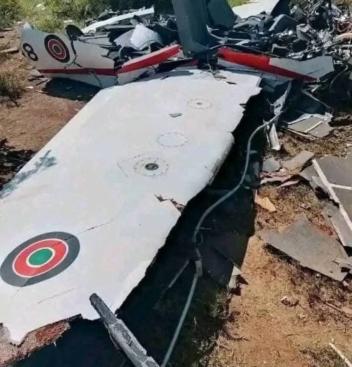 Wreckage of the KDF training aircraft that crashed in Kwale. PHOTO/@ArapTilingi/X