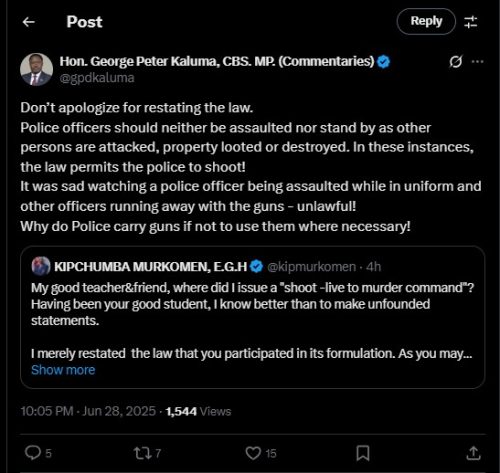Part of the statement shared by Peter Kaluma on Saturday, June 28, 2025. PHOTO/screengrab by PD Digital/@gpdkaluma/X