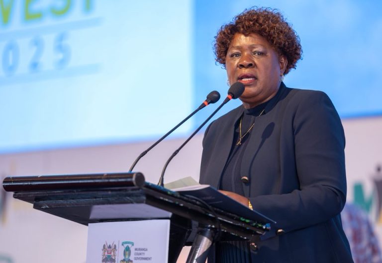 Lands Cabinet Secretary Alice Wahome, while addressing the Ist Annual Muranga County Conference. PHOTO/https://www.facebook.com/HonAliceMuthoniWahome/photos_by