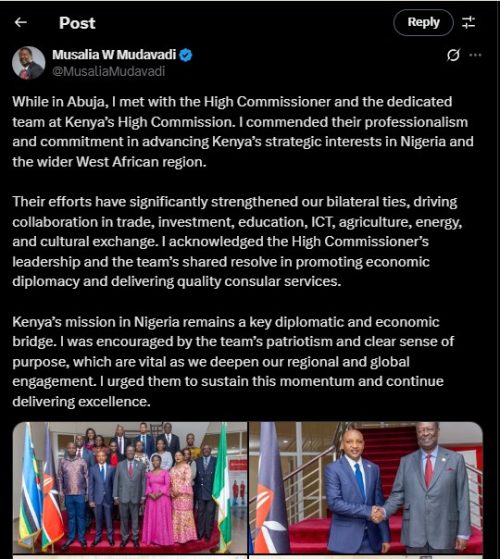 Part of the statement shared by Prime Cabinet Secretary Musalia Mudavadi on Saturday, June 29, 2025. PHOTO/screengrab by PD Digital/@MusaliaMudavadi/X
