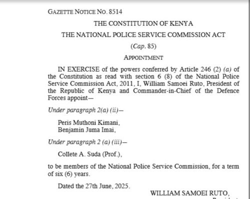 Part of the gazette notice confirming President William Ruto's appountment. PHOTO/ screengrab by PD Digital/https://new.kenyalaw.org/akn/ke/officialGazette/2025-06-27/139/eng@2025-06-27