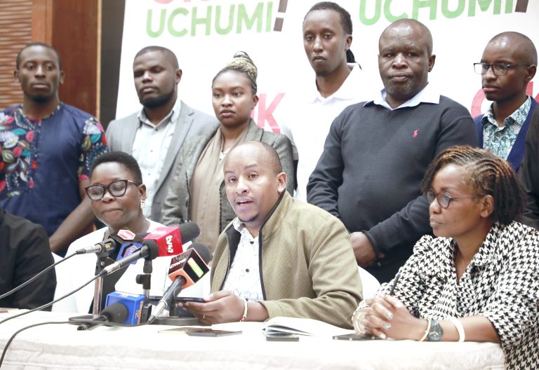 Members of the Okoa Uchumi coalition led by The Institute of Social Accountability (TISA) Head of Programmes Alexander Riithi (centre) when they addressed the media in Nairobi, on June 4, 2025. PHOTO/ Samuel Kariuki 