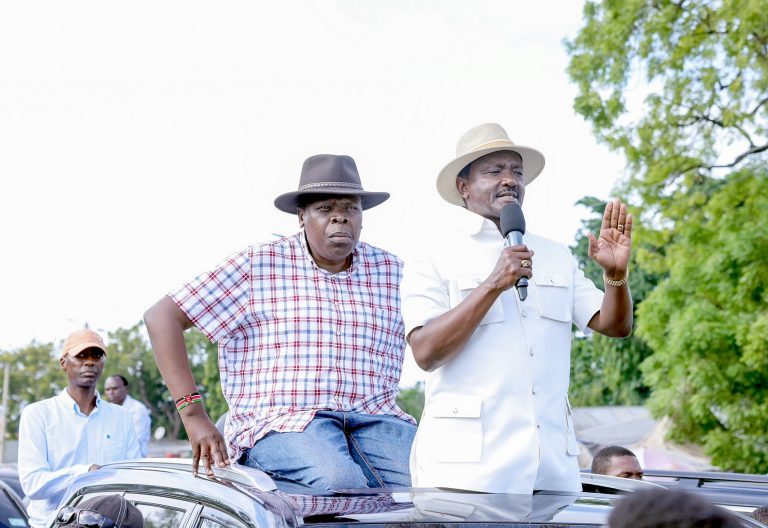 DAP-K party leader Eugene Wamalwa (left) with his Wiper party counterpart Kalonzo Musyoka in Kilifi town on Sunday, June 8, 2025. PHOTO/Bonny Msangi