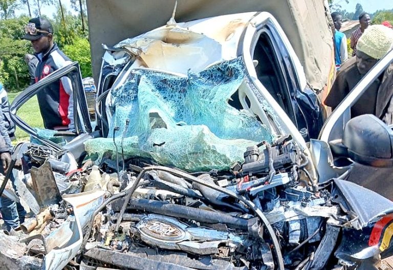 The wreckage of a police vehicle where two officers died in road accident after their car collided head-on with a fuel tanker on Webuye-Bungoma highway on June 2, 2025. PHOTO/WKT 