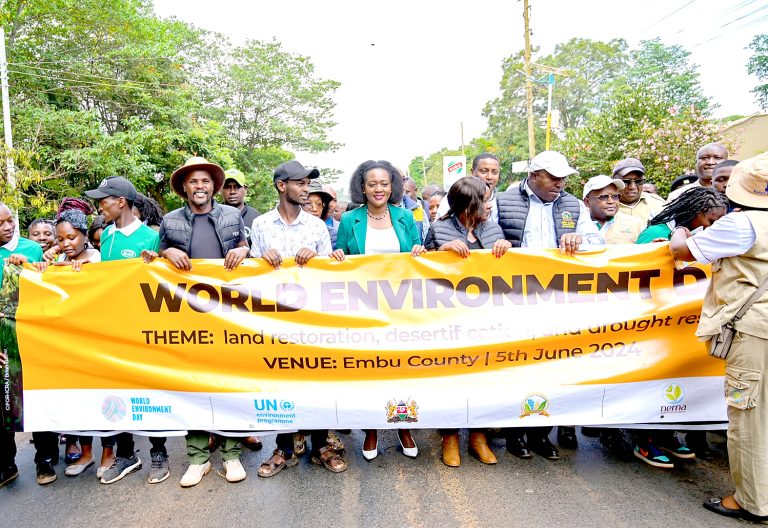 Former Environment CS Soipan Tuya (centre) when she presided over World Environment Day last year in Embu county. PHOTO/Print