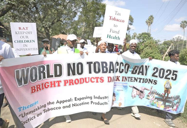 Anti-Tobacco campaigners and Kenyan Health Civil Society Organisations (CSOs) during a procession to mark the 2025 World No Tobacco Day celebrations in Nairobi county on Saturday, May 31, 2025. PHOTO/Bernard Malonza